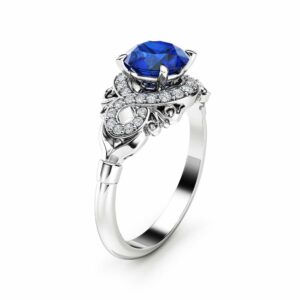 Unique Halo Blue Sapphire Engagement Ring 14K White Gold Ring Diamonds Halo Engagement Ring