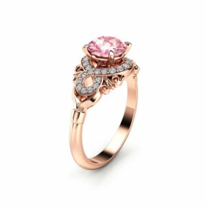 Halo Pink Sapphire Engagement Ring 14K Rose Gold Ring Unique Diamonds Halo Engagement Ring
