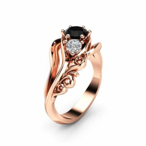 3 Stone Black Diamond Engagement Ring 14K Rose Gold Ring Unique Art Deco Engagement Ring