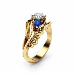 Diamond Sapphires 3 Stone Engagement Ring 14K Yellow Gold Ring Unique Art Deco Anniversary Ring