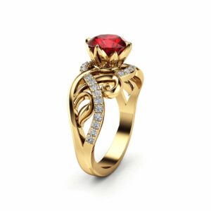 14K Yellow Gold Ruby Engagement Ring Unique Halo Ruby Engagement Ring