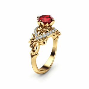 Natural Ruby Engagement Ring 14K Yellow Gold Unique Halo Engagement Ring