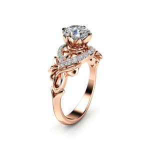 14K Rose Gold Moissanite Engagement Ring / Unique Nature Inspired Flower Engagement Ring / Vintage Moissanite Ring / Floral Engagement Ring