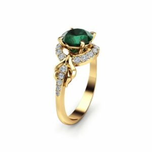 Halo Emerald Engagement Ring 14K Yellow Gold Ring 1 Ct. Natural Emerald Ring