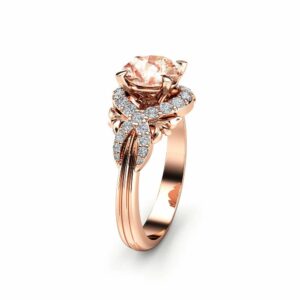 Peach Pink Sapphire Engagement Ring 14K Rose Gold Ring Unique Diamonds Halo Engagement Ring