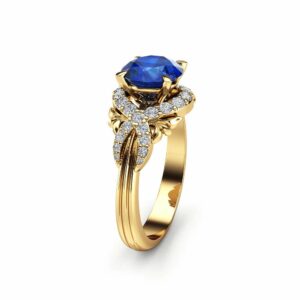 Natural Blue Sapphire Engagement Ring 14K Solid Yellow Gold Ring Diamonds Halo Engagement Ring