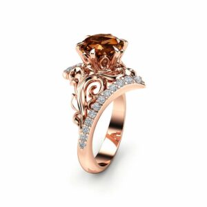 Fancy Brown Natural Diamond Ring 14K Rose Gold Leaf Ring Chocolate Diamond Engagement Ring