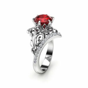 Leaf Ruby Engagement Ring 14K White Gold Leaf Ring Unique Ruby Ring July Birthstone