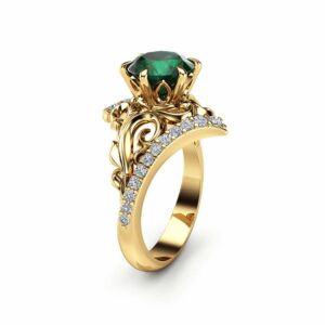 Leaf Emerald Engagement Ring 14K Yellow Gold Leaf Ring Unique Emerald Ring May Birthstone