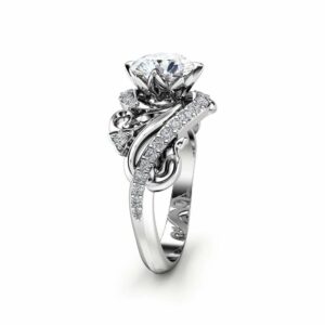 Art Nouveau Moissanite Engagement Ring 14K White Gold Ring Round Cut Moissanite Engagement Ring