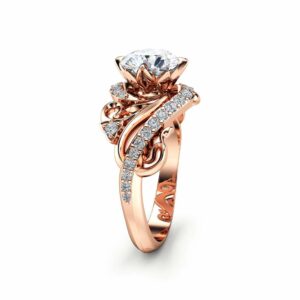 Art Nouveau Moissanite Engagement Ring 14K Rose Gold Ring Round Cut Moissanite Engagement Ring