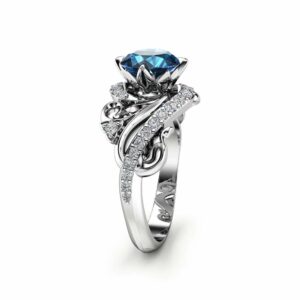 Art Nouveau Topaz Engagement Ring 14K White Gold Ring London Blue Topaz Engagement Ring