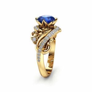 Art Nouveau Sapphire Engagement Ring 14K Yellow Gold Ring Blue Sapphire Engagement Ring