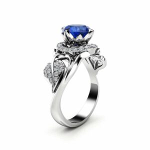 Nature Inspired Sapphire Engagement Ring 14K White Gold Ring Sapphire Leaf Engagement Ring