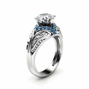 Moissanite Blue Diamonds Estate Engagement Ring 14K White Gold Blue Diamonds Ring Halo Estate Engagement Ring