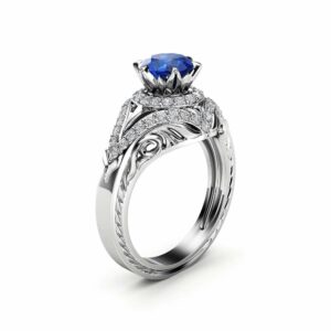Halo Blue Sapphire Engagement Ring 14K White Gold Ring Natural Diamonds Ring Natural Sapphire Ring