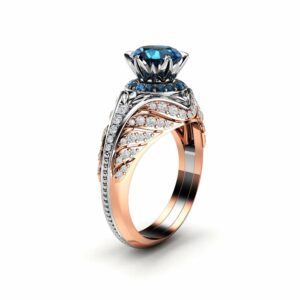 Blue Diamond Engagement Ring Unique Halo Ring 14K Two Tone Gold Engagement Ring