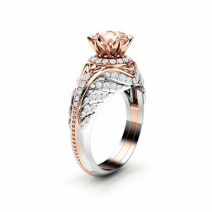 Peach Sapphire Engagement Ring Two Tone Gold Ring Diamond Halo Engagement Ring