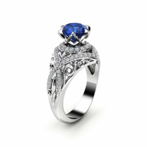 Natural Blue Sapphire Engagement Ring 14K White Gold Ring Unique Edwardian Engagement Ring