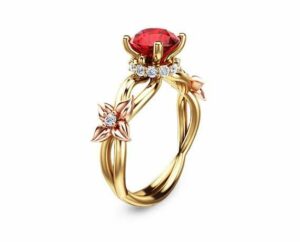 Natural 1.5CT Ruby Engagement Ring 14K Two Tone Gold Engagement Ring Floral Ruby Ring