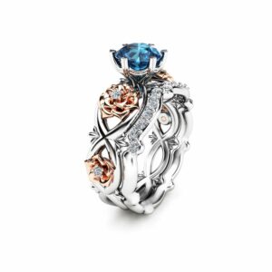 14k White Gold Floral Wedding Ring Bridal Set 1ct Blue Topaz Engagement Ring Diamond Wedding Band