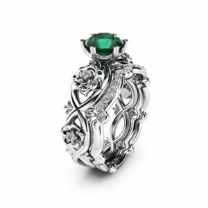 Floral Emerald Engagement Ring Set 14K White Gold Rings Emerald Engagement Rings Choose Your 1 CT Gemstone Ring