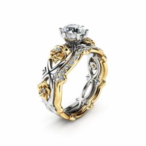 Floral Moissanite Engagement Ring Set 14K Two Tone Gold Floral Rings Unique Moissanite Engagement Rings