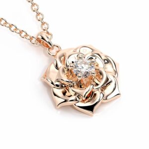 Rose Gold Camellia Flower Lab Created Diamond Pendant Nature Jewelry Flower Pendant Necklace
