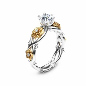 Floral Moissanite Engagement Ring Unique 14K Two Tone Gold Moissanite Ring Diamond Moissanite Engage