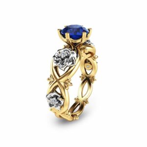 Unique Engagement Ring Blue Sapphire Engagement Ring 14K Two Tone Gold Natural Blue Sapphire Ring