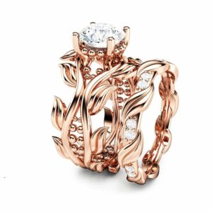 Moissanite Leaves Engagement Ring Set Unique 14K Rose Gold Leaves Rings 7.5mm Moissanite Engagement Ring Set