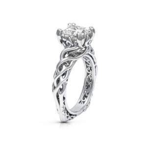 18K White Gold Engagement Ring Unique Solitaire Ring Wild Nature Ring Princess Cut Moissanite Ring
