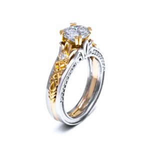 Moissanite Engagement Ring 14K Two Tone Gold 1 Carat Moissanite Ring Antique Moissanite Engagement Ring