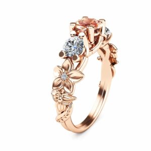 Three Stone ring 14K Rose Gold Morganite Ring Moissanite Engagement Ring Unique 3-Stone Diamond Ring