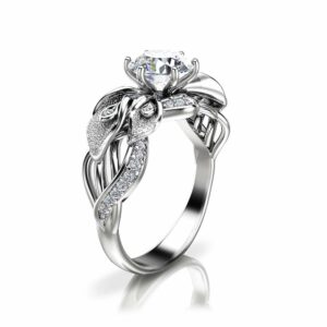 Calla Lily Moissanite Engagement Ring 14K White Gold Moissanite Ring Unique Engagement Ring