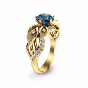 Blue Diamond Engagement Ring Unique Flower 14K Yellow Gold Ring Calla Lily Engagement Ring