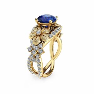 Unique Blue Sapphire Engagement Ring 14K Yellow Gold Flower Ring Natural Sapphire Engagement Ring