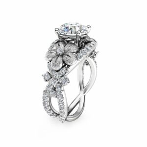 Unique Moissanite Engagement Ring 14K White Gold Flower Ring Diamond Moissanite Engagement Ring