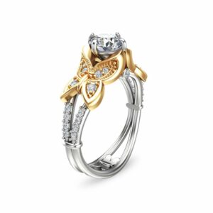 Butterfly Design Moissanite Engagement Ring 14K Two Tone Gold Moissanite Ring Unique Engagement Ring