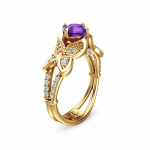 14K Yellow Gold Amethyst Engagement Ring Unique Amethyst Anniversary Ring Butterfly Engagement Ring