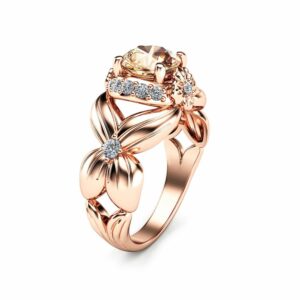 Flower Design Morganite Engagement Ring 14K Rose Gold Morganite Ring Unique Floral Ring Art Deco Halo Ring Gemstone Engagement Ring