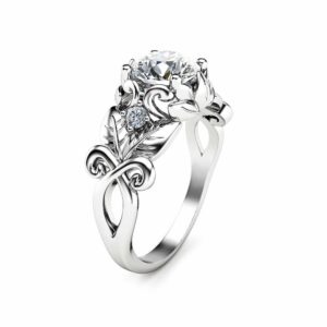14K White Gold Moissanite Engagement Ring Leaf Engagement Ring Unique Moissanite Ring