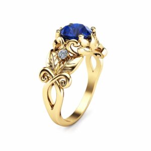 Blue Sapphire Wedding Engagement Ring 14K Yellow Gold Sapphire Ring Unique Wedding Engagement Ring