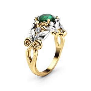 Emerald Leaf Engagement Ring 14K Two Tone Gold Emerald Ring Leaf Design Engagement Ring