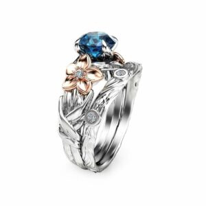 Branch Engagement Ring in 14K White Gold London Blue Topaz Engagement Ring Rose Gold Flower Rings