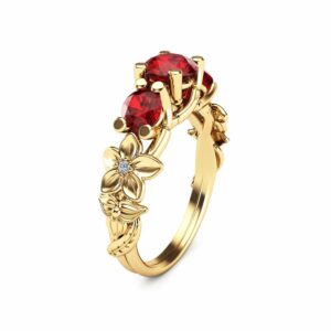 Three Stone Natural Ruby Ring Unique Engagement Ring 14K Yellow Gold Ruby Ring