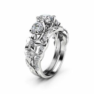 Three Stone Moissanite Engagement Ring Set 14K White Gold Moissanite Ring Flower Engagement Ring with Matching Diamond Band