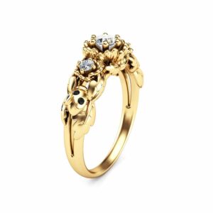 Unique 3 Stone Engagement Ring Flowers and Ladybug Engagement Ring 14K Yellow Gold Diamond Ring Nature Inspired Ring