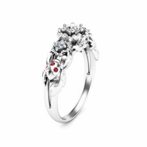 Unique 3 Stone Engagement Ring 14K White Gold Diamond Ring Ladybug and Flower Engagement Ring Nature Inspired Ring
