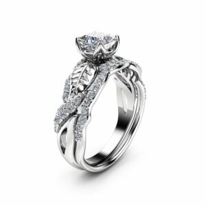 Charles and Colvard Moissanite Ring Set Princess Moissanite Engagement Ring White Gold Leaf Rings Camellia Jewelry